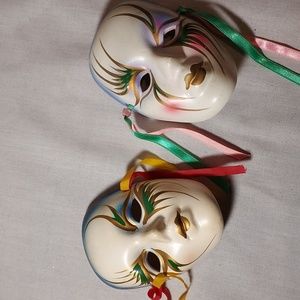 Vintage Hand Painted Carnival Face Masks Ceramic Set of 2